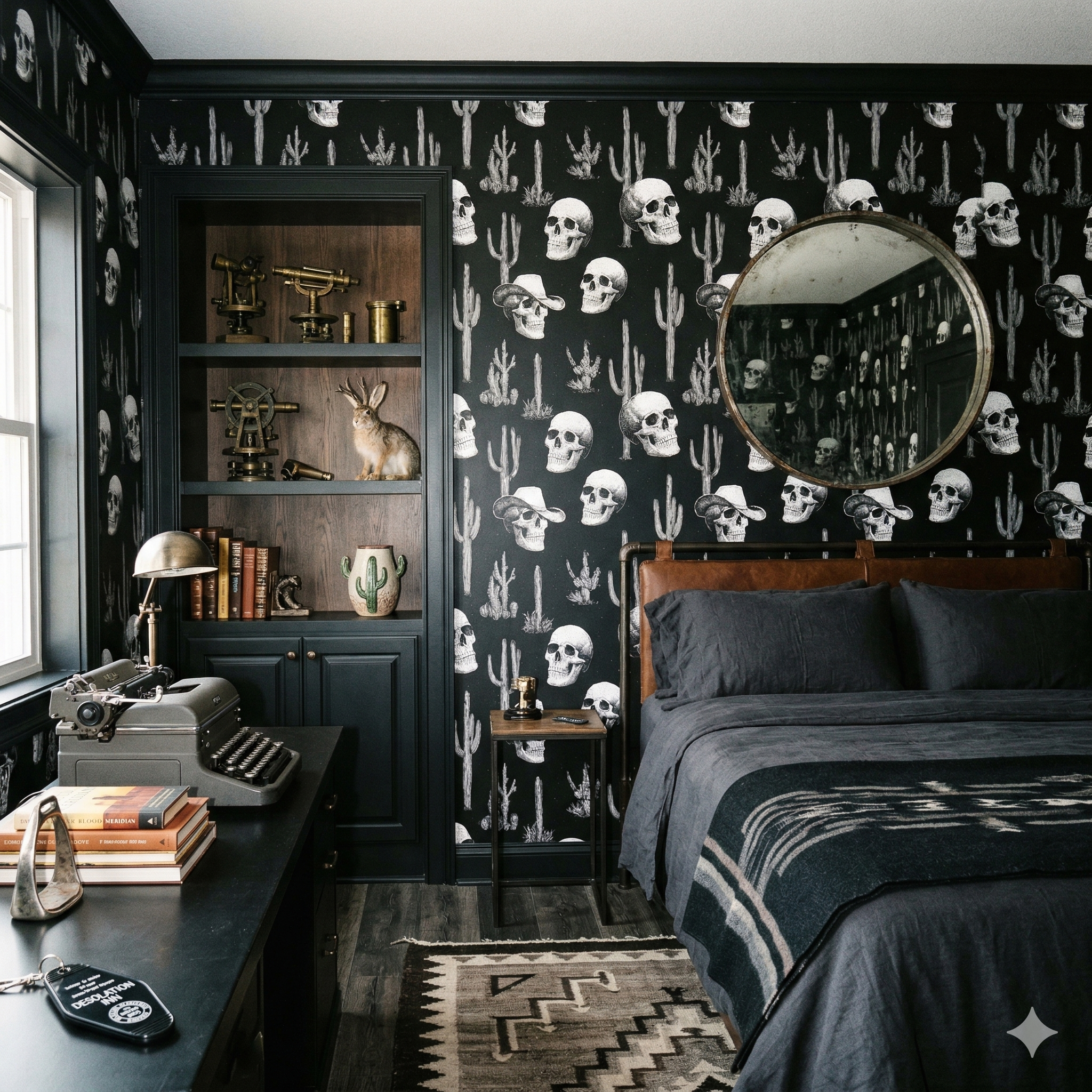 Desert Relic Nocturne wallpaper with black background, skulls and cactus design, in a styled room.