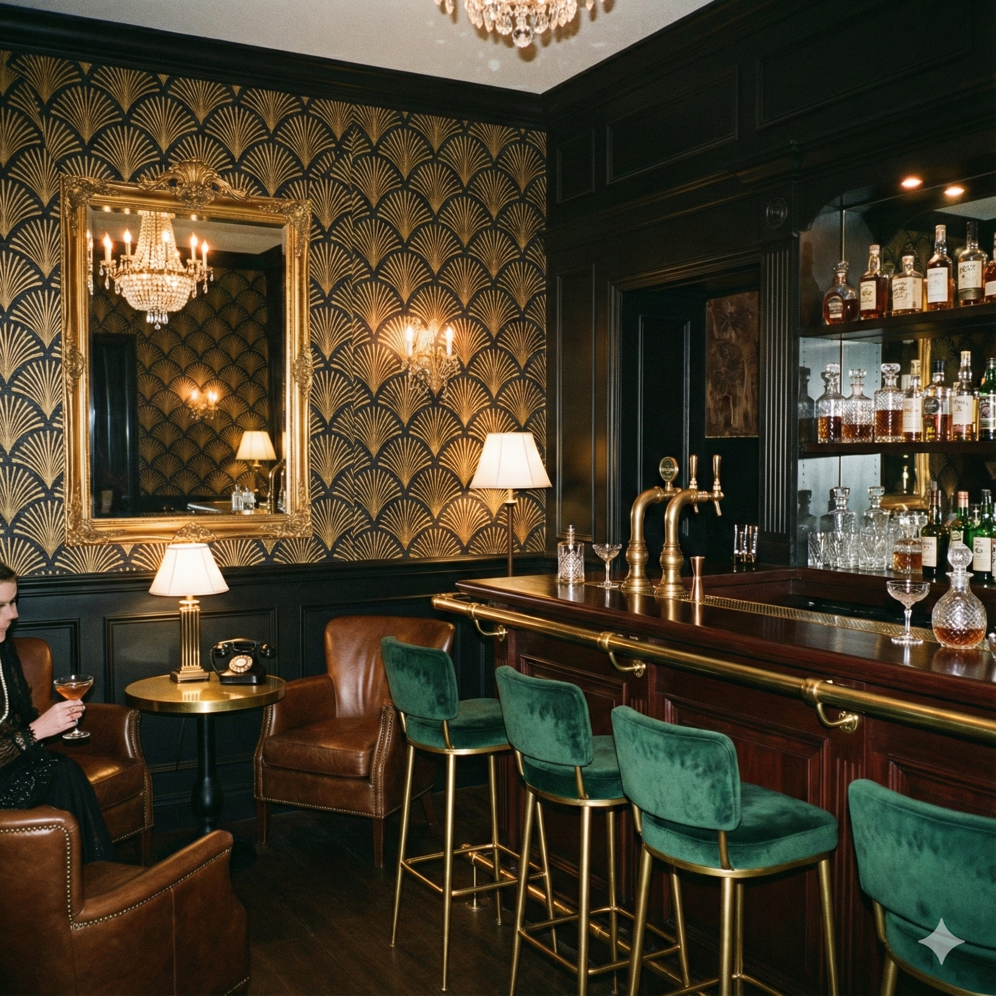 Gilded wallpaper with geometric fan pattern, gold on black background.