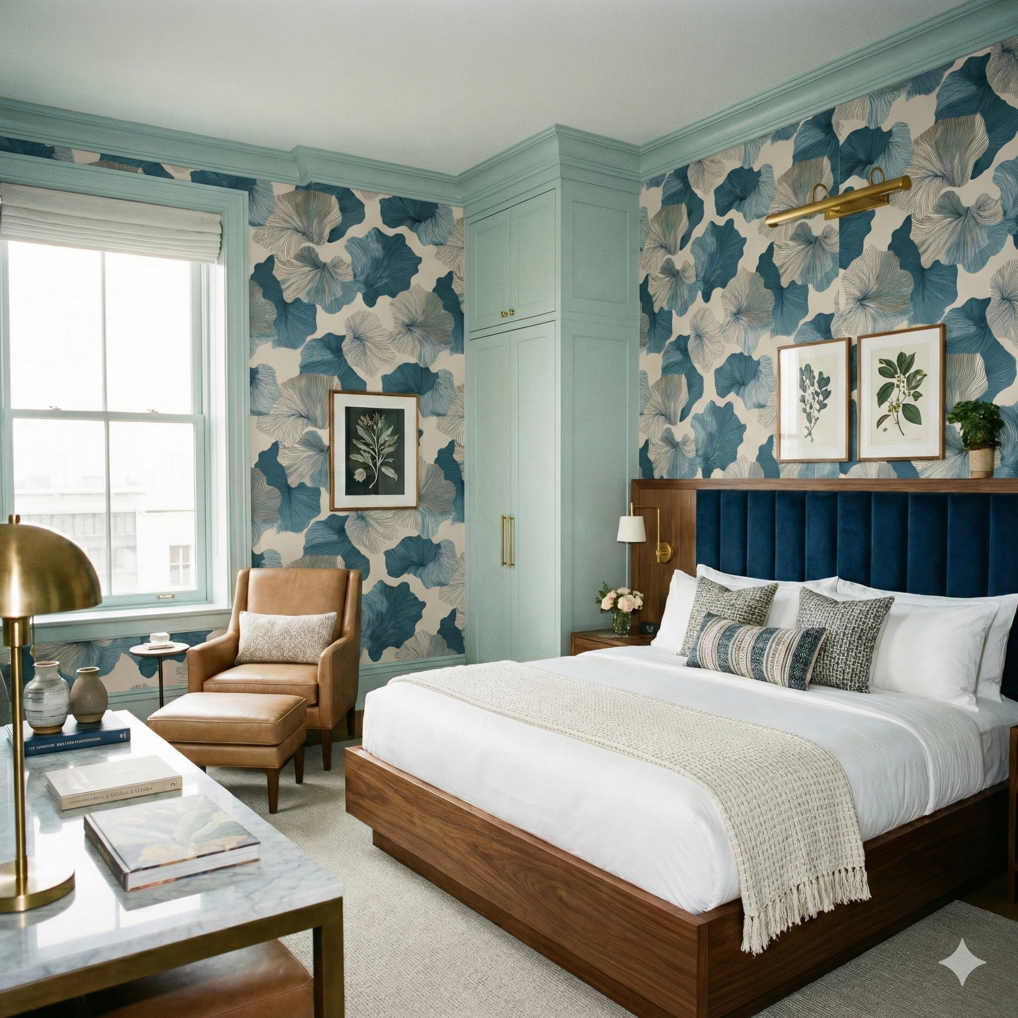 Botanical pattern Tidal Organics Wallpaper with blue floral design.
