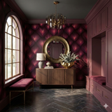 Damask wallpaper with ember pattern and dark red coloring, featuring leaf-like texture.