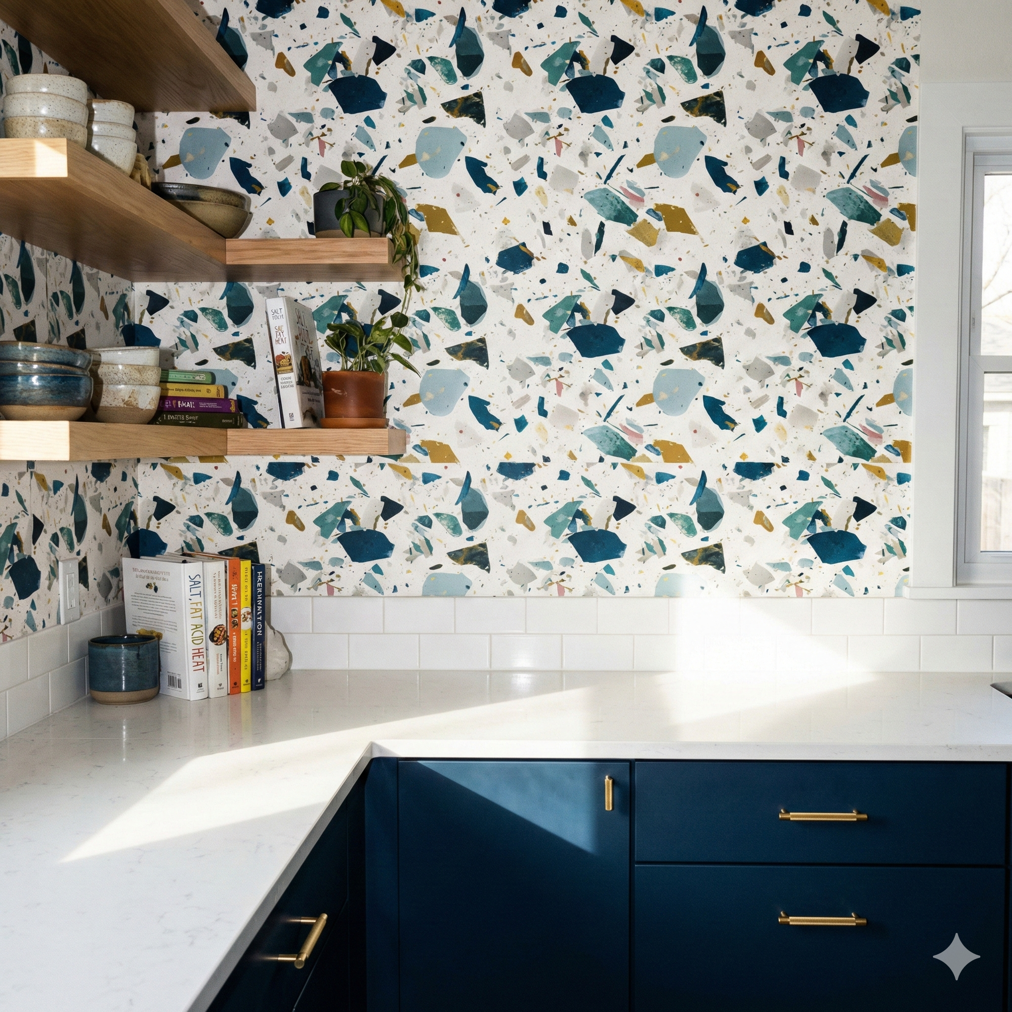 Patterned wallpaper with a terrazzo design, featuring teal, mustard, and navy geometric shapes on a white background.
