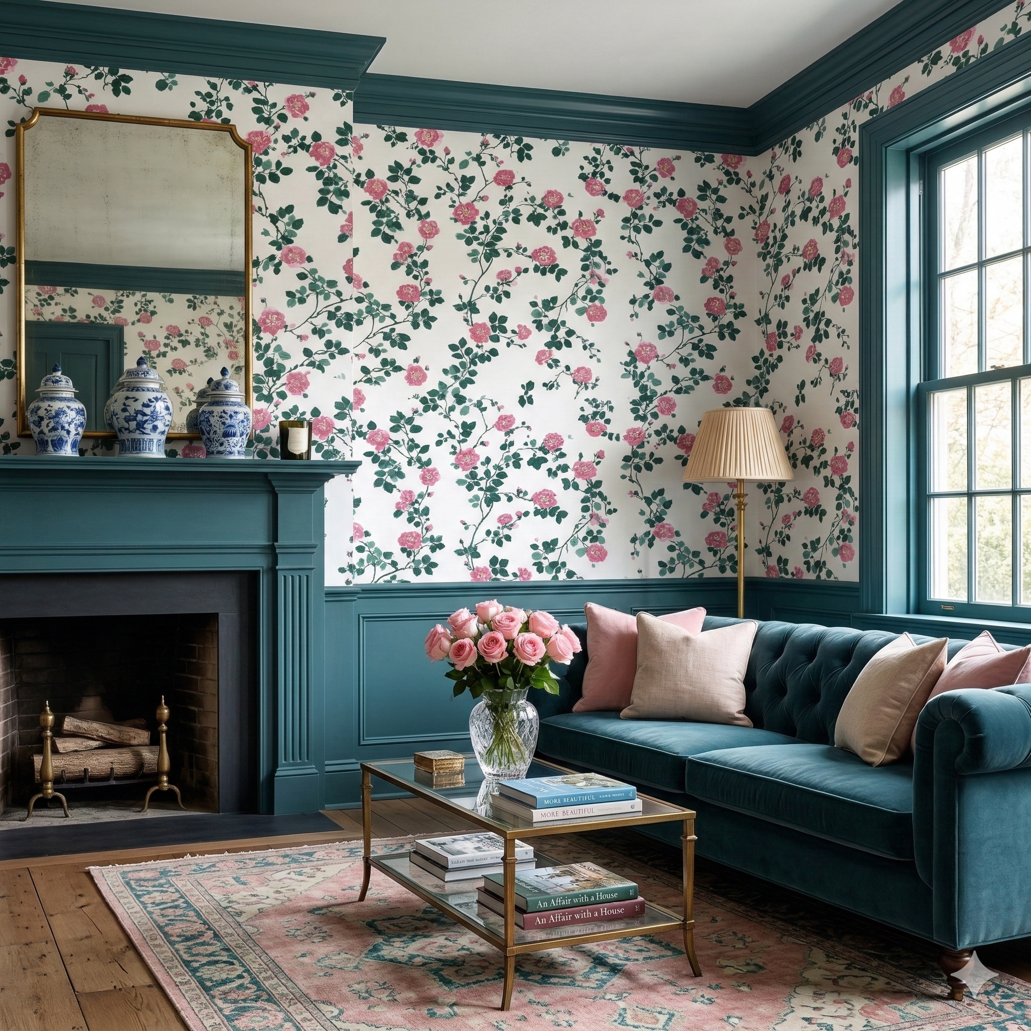 Floral Rosetti Vine wallpaper featuring roses and vines with a white background.
