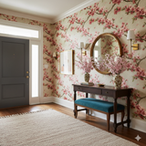 Floral Petal Lanterns Wallpaper with pink flowers and branches on a light neutral background.