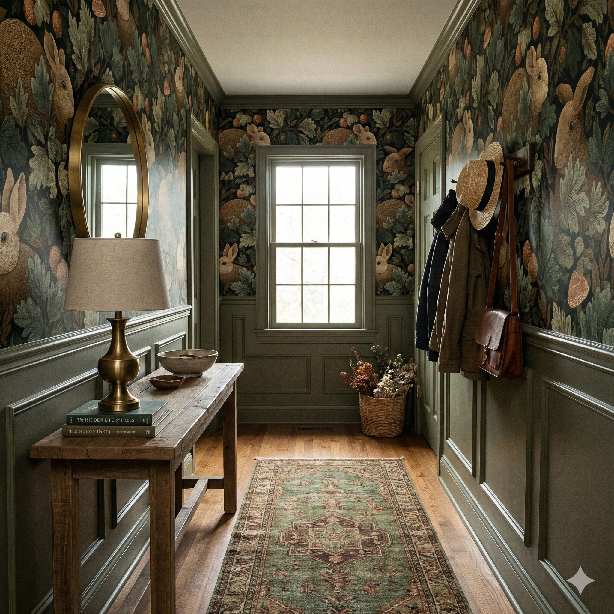 Briar Hollow wallpaper with rabbit and foliage pattern, covering a cozy hallway.
