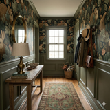 Briar Hollow wallpaper with rabbit and foliage pattern, covering a cozy hallway.
