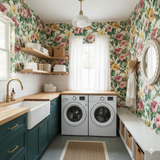 Floral Solera Hibiscus Wallpaper with a colorful tropical pattern and a white background.