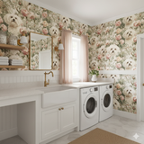 Rose Cottage Maltese wallpaper with a floral pattern, featuring maltese dogs among roses and foliage.
