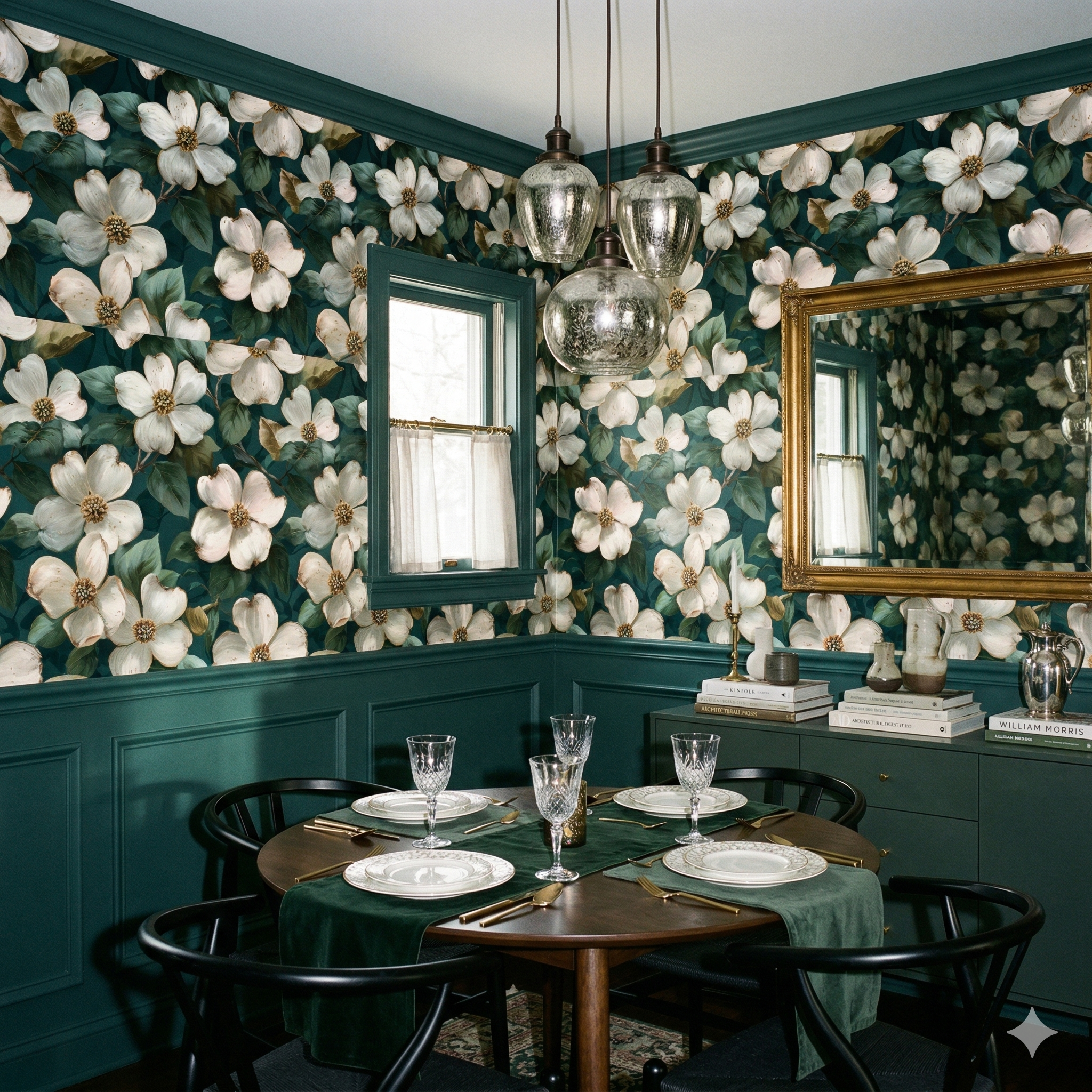 Floral wallpaper with camellia pattern, from Wallshoppe, in a dark green botanical style with white blossoms.
