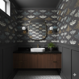 Nocturne moth wallpaper with insect pattern on a dark gray background.
