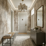 Limestone Veil Wallpaper with a neutral earth tone, textured finish, creating a decorative background for an entryway.