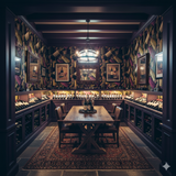 Patterned wallpaper of wine bottles in a wine cellar, with bottles of wine on shelves.