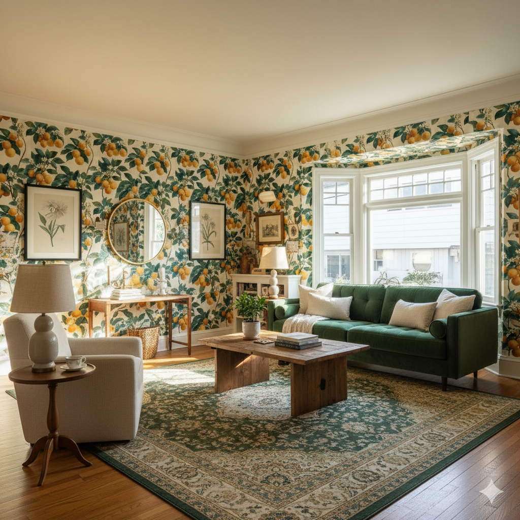 Amalfi gold wallpaper with a vibrant citrus fruit and foliage pattern, covering a room with coordinated furnishings.