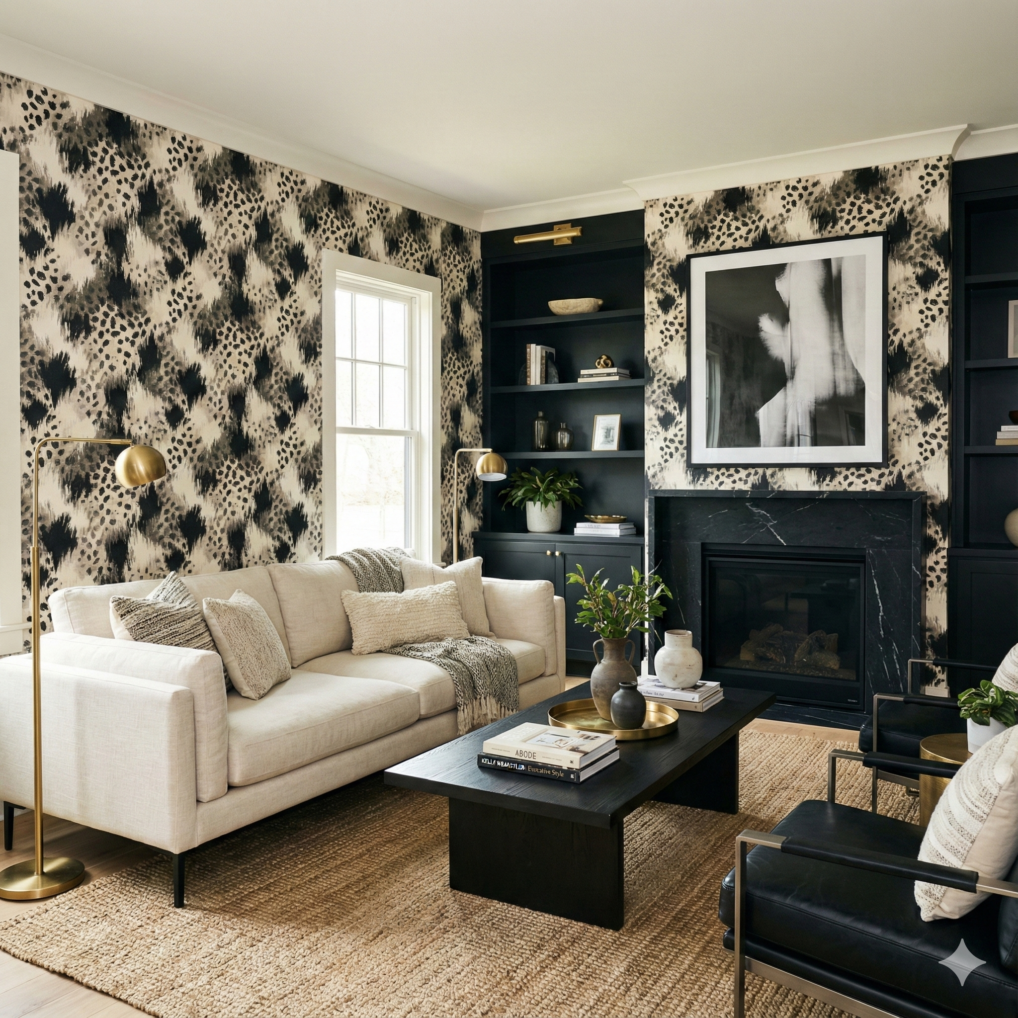 Smokeveil Savannah wallpaper with a bold, neutral animal print, in a stylish living room setting.
