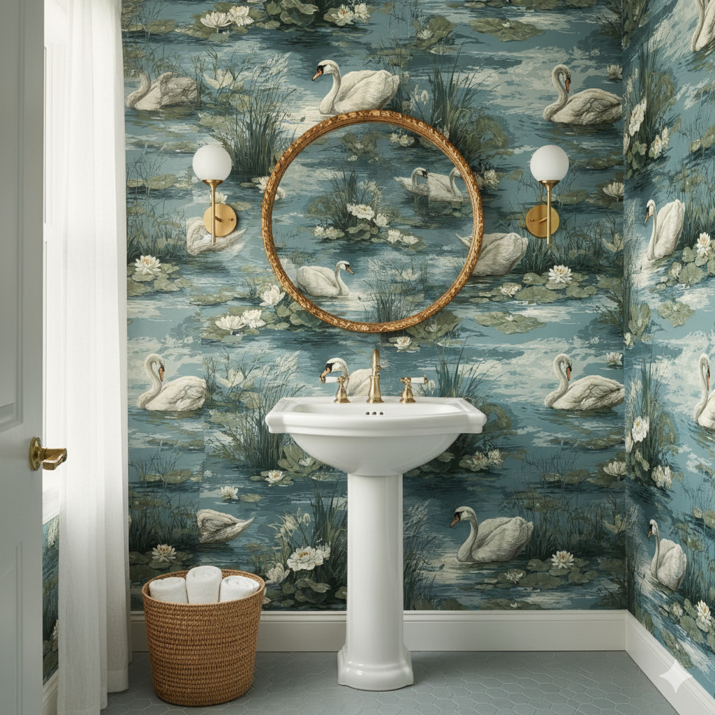 Swan pattern wallpaper in blue, green, and white featuring a decorative water scene.

