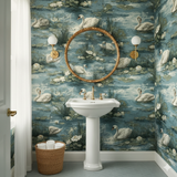 Swan pattern wallpaper in blue, green, and white featuring a decorative water scene.
