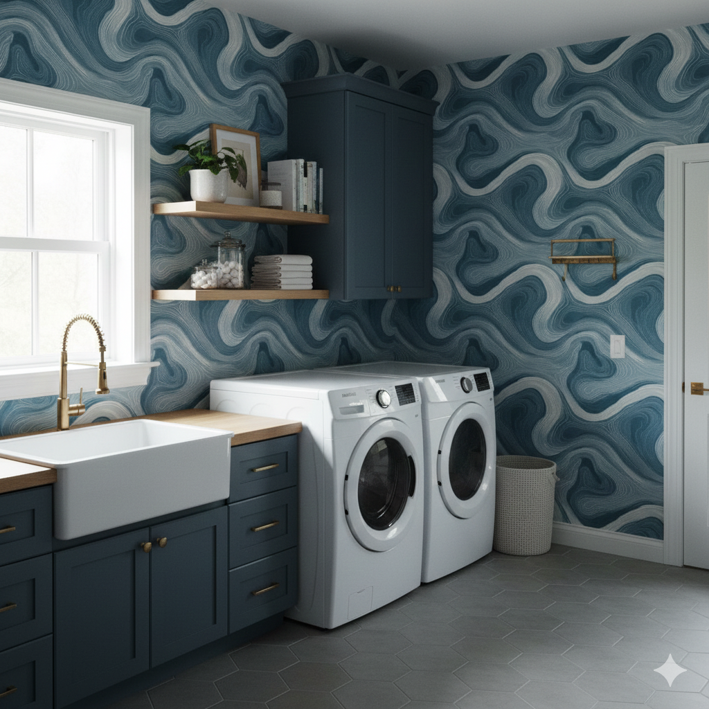 Stratum wallpaper in blue and white with swirling patterns by Bluehaven, covering walls in a laundry room.
