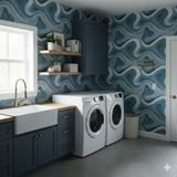 Stratum wallpaper in blue and white with swirling patterns by Bluehaven, covering walls in a laundry room.

