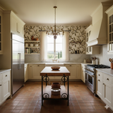 Olive wallpaper with a leaf pattern, designed in a Provençal style.
