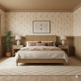 Beige floral wallpaper with leaf pattern, by Brewster Home Fashions, in a bedroom setting.