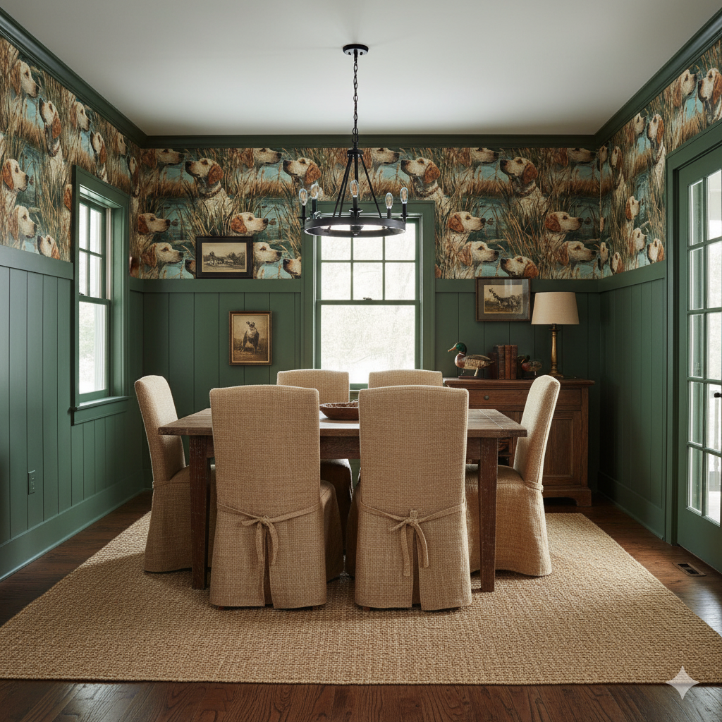 Duckhaven wallpaper featuring a dog and duck motif, applied on the top half of a dining room wall.
