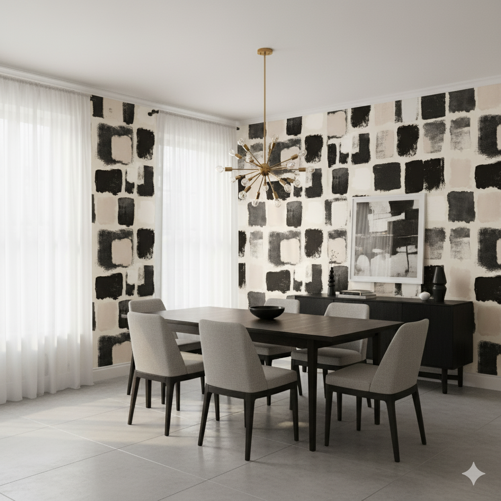 Umber Blocks wallpaper with a square brushstroke pattern on a beige background.