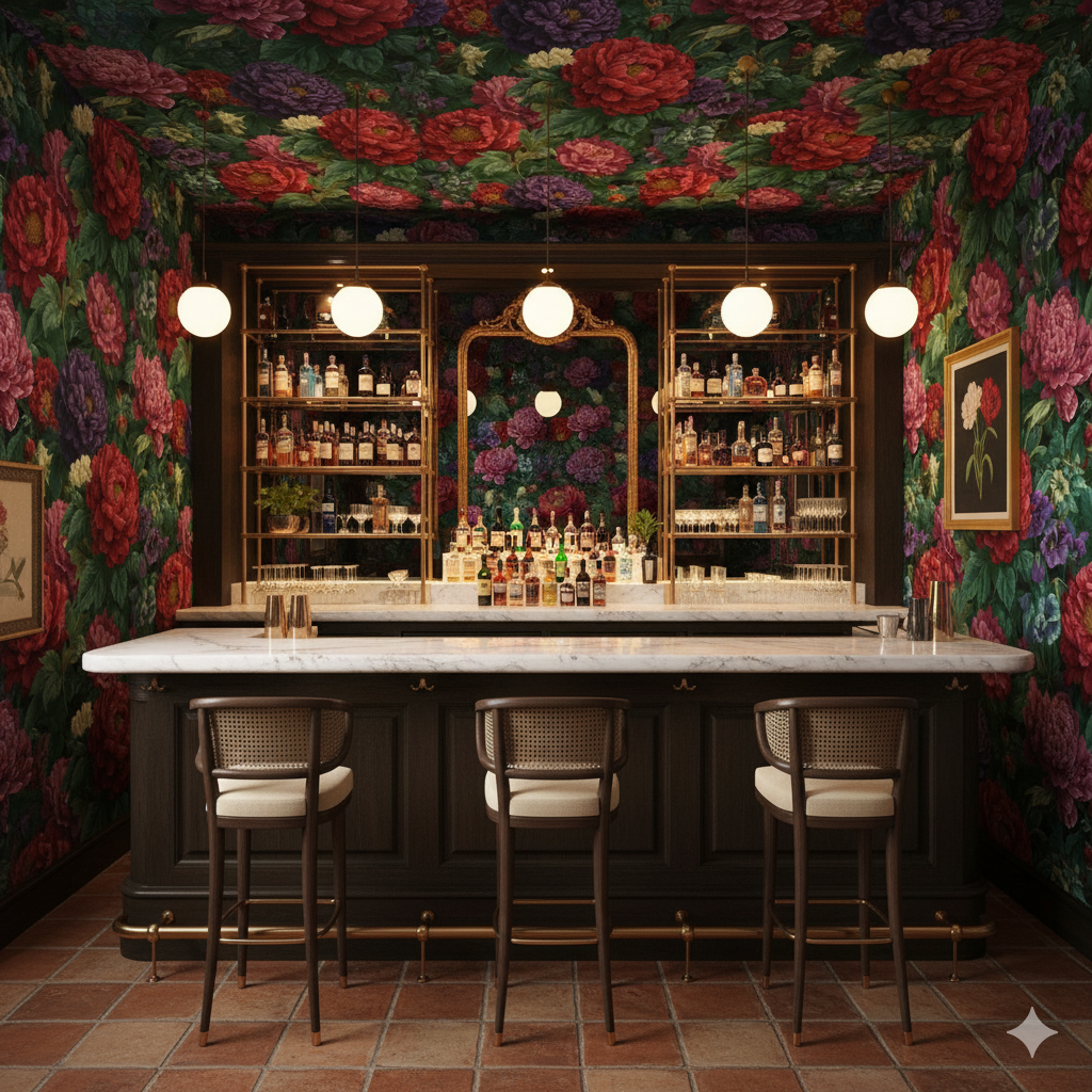 Floral patterned wallpaper with red and purple flowers, against dark green foliage, covering the walls and ceiling.