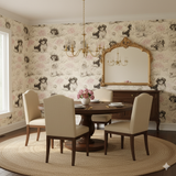 Patterned wallpaper with dog and lotus design on a beige background.