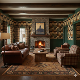 Elkford Range Wallpaper with elk and tree pattern, over hunter green wainscoting in a cozy living room setting.
