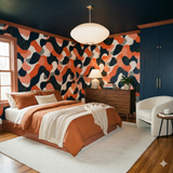 Coral loop wallpaper with abstract shapes, and dark blue ceiling.
