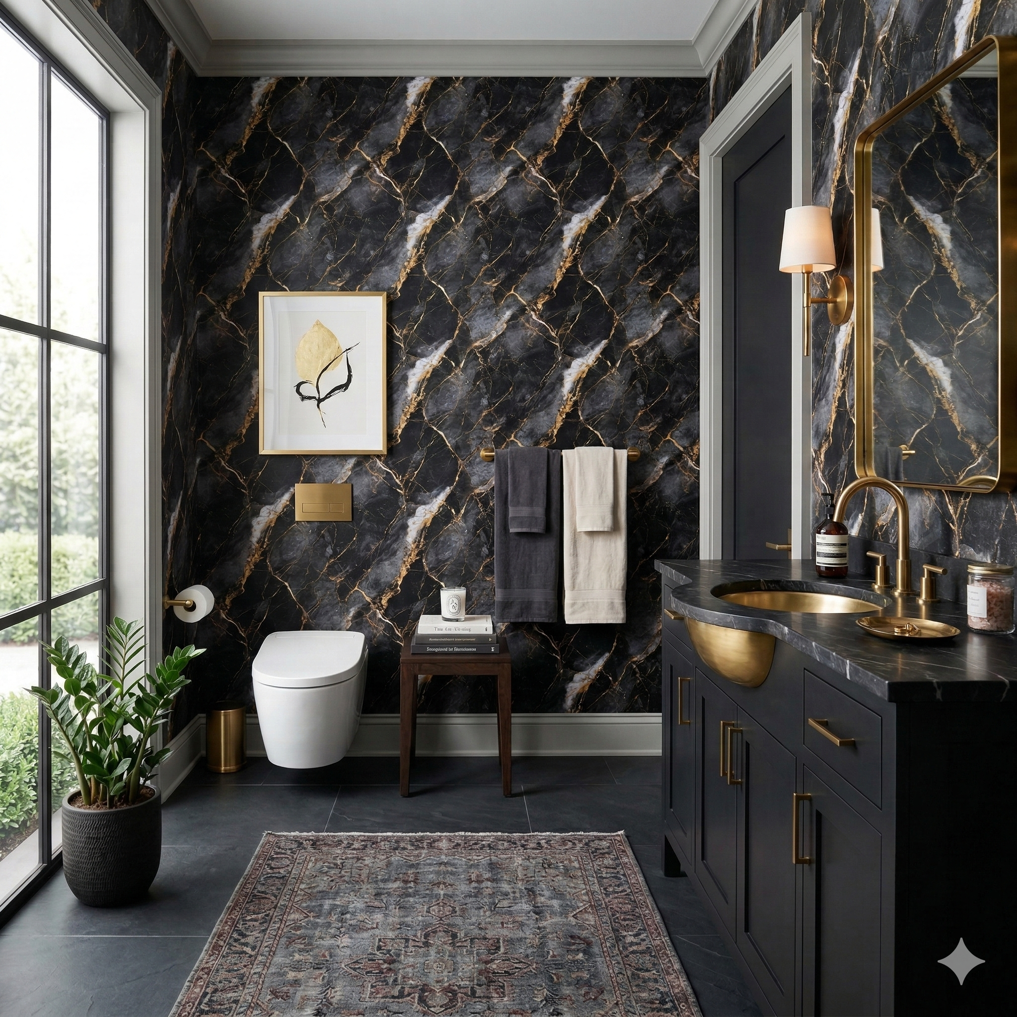 Nocturne Aurum wallpaper with gold marble pattern, visible in a bathroom setting.
