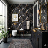 Nocturne Aurum wallpaper with gold marble pattern, visible in a bathroom setting.
