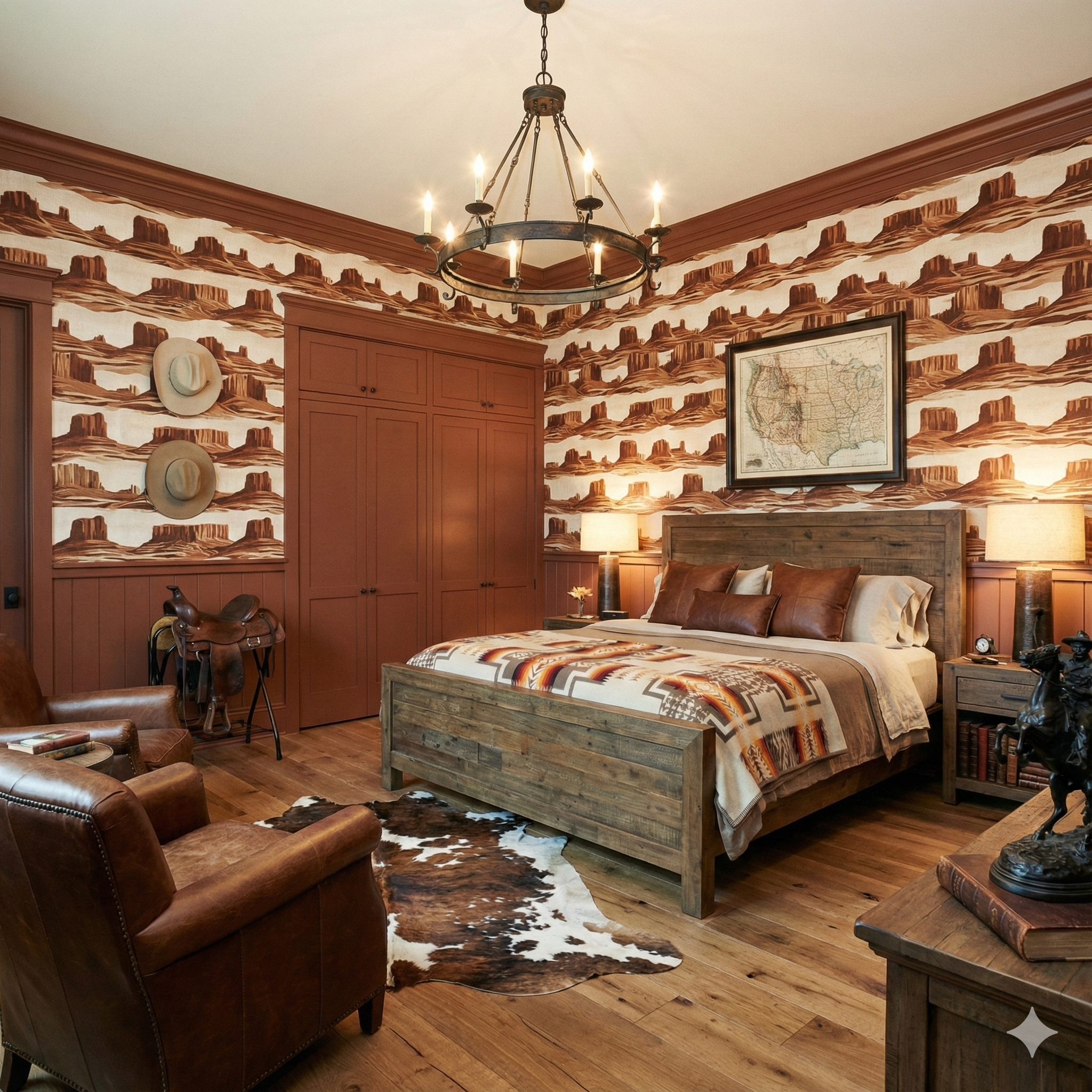 Textile wallpaper featuring a horizon pattern by Mesa, decorating a Western-style bedroom.