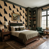 Beige Silhouette Sonata Wallpaper featuring repeating black dog motifs.
