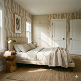Textured Wovenshore Cascade Wallpaper with flowing, wave-like patterns covering the wall in a stylish bedroom.
