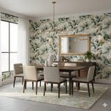 Eucalyptus Vale Wallpaper with a large leaf pattern, styled on the dining room wall.