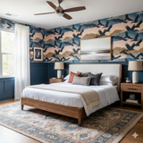 Condor’s Rest wallpaper with birds over mountains, covering the bedroom wall above blue panelling.

