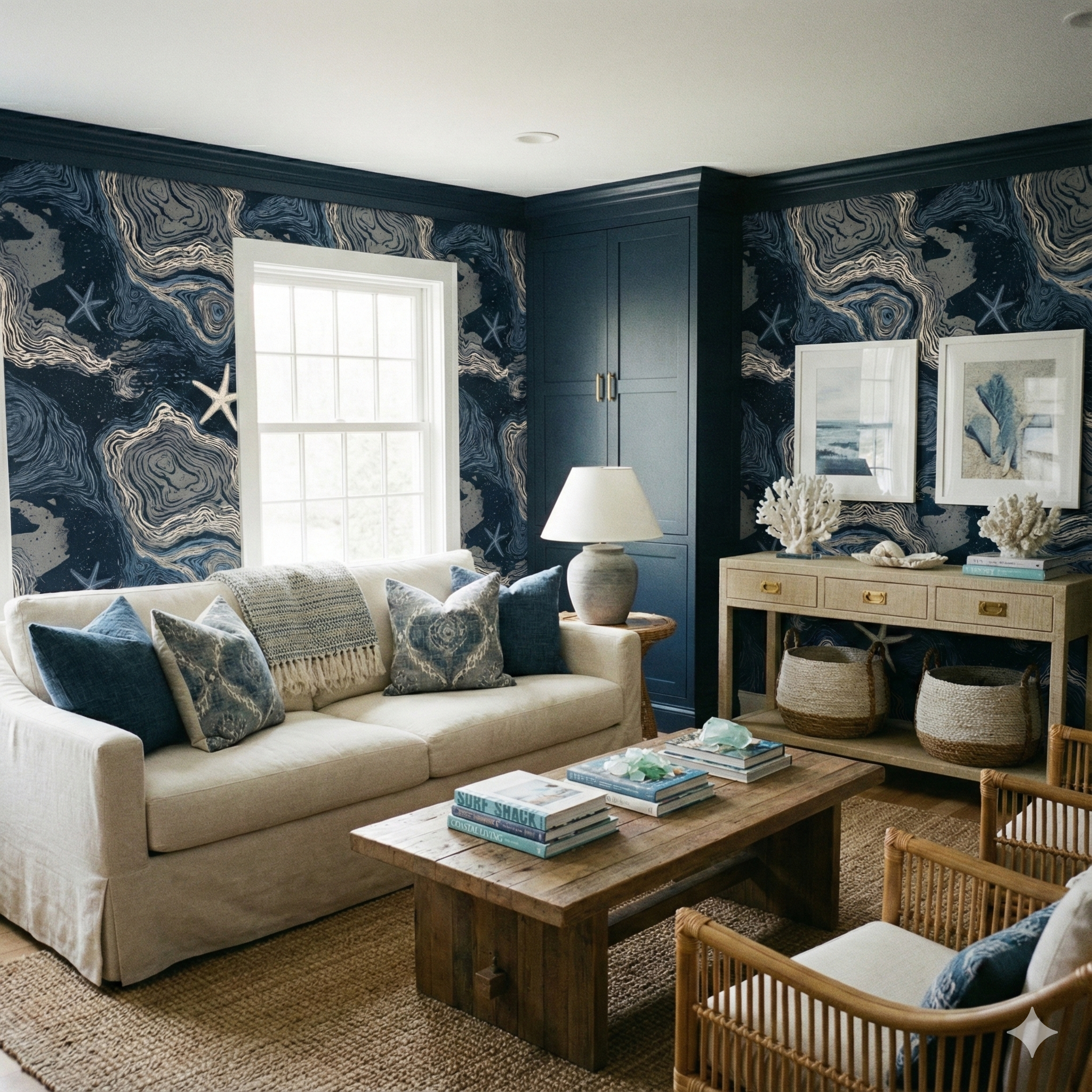 Navy bathymetric Starshore wallpaper with a blue swirling pattern and starfish accents.