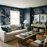 Navy bathymetric Starshore wallpaper with a blue swirling pattern and starfish accents.