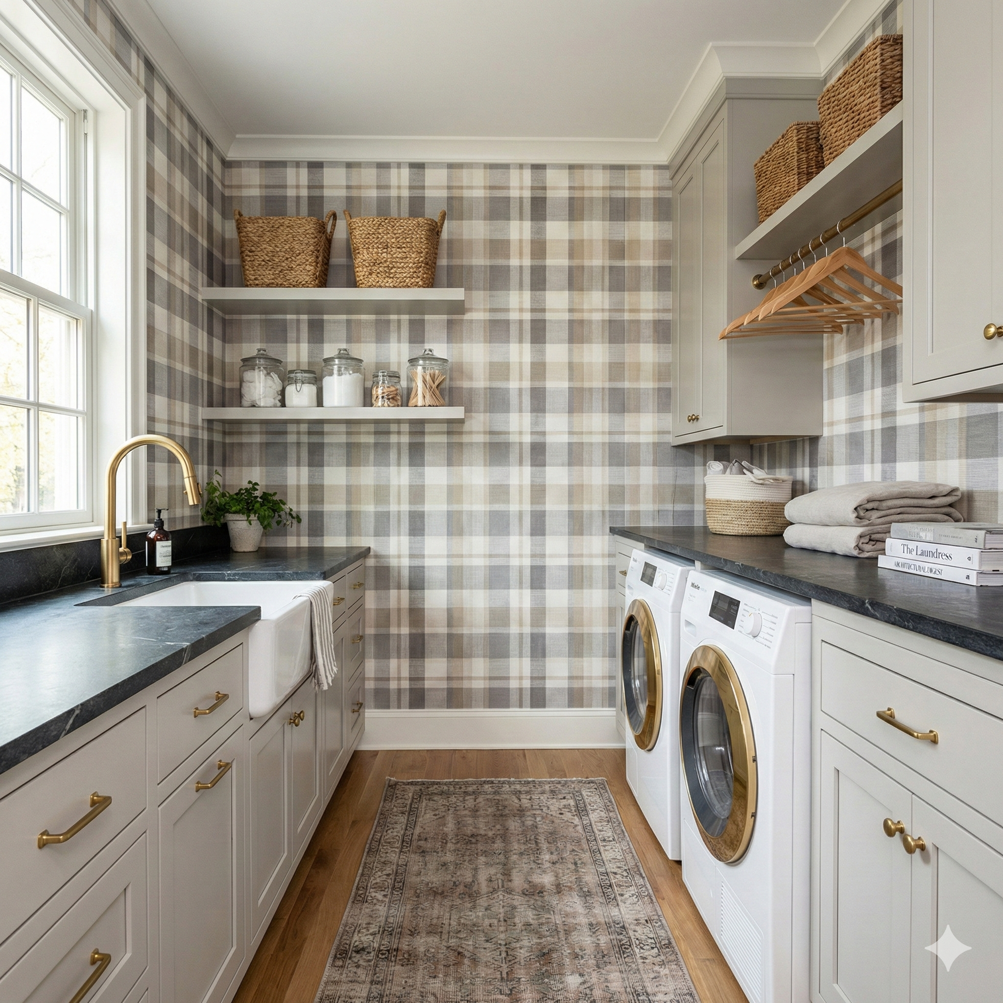 Muted field plaid wallpaper with brown, gray, and cream pattern, covering the walls of a laundry room.