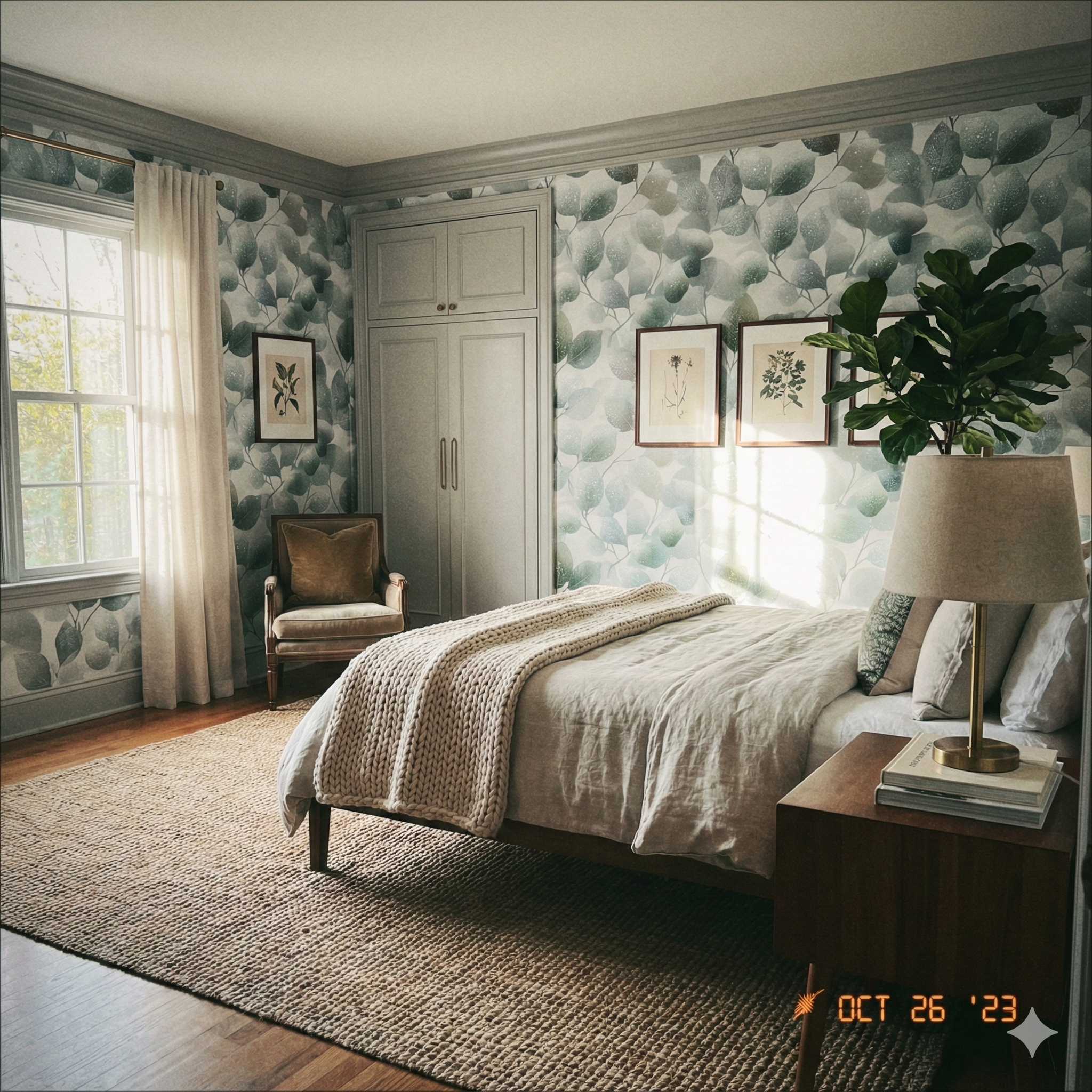 Frosted Aspenveil Wallpaper with a eucalyptus leaf pattern, styled in a bedroom with soft light.
