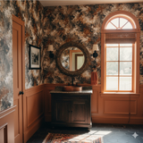 Sienna Drift wallpaper with geometric pattern, in a luxurious bathroom setting.