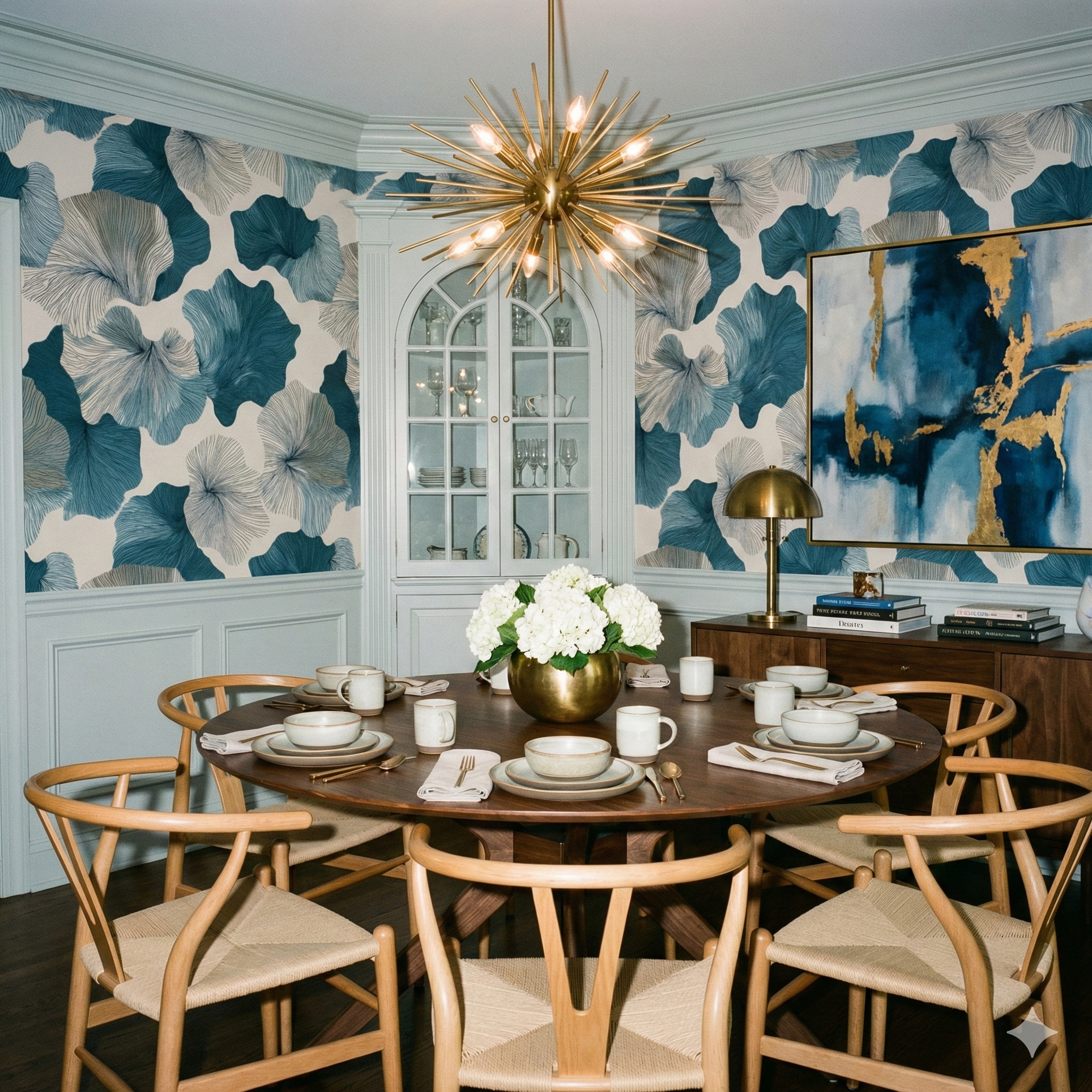 Blue and white botanical wallpaper with abstract leaves, by York Wallcoverings, in a styled dining room setting.