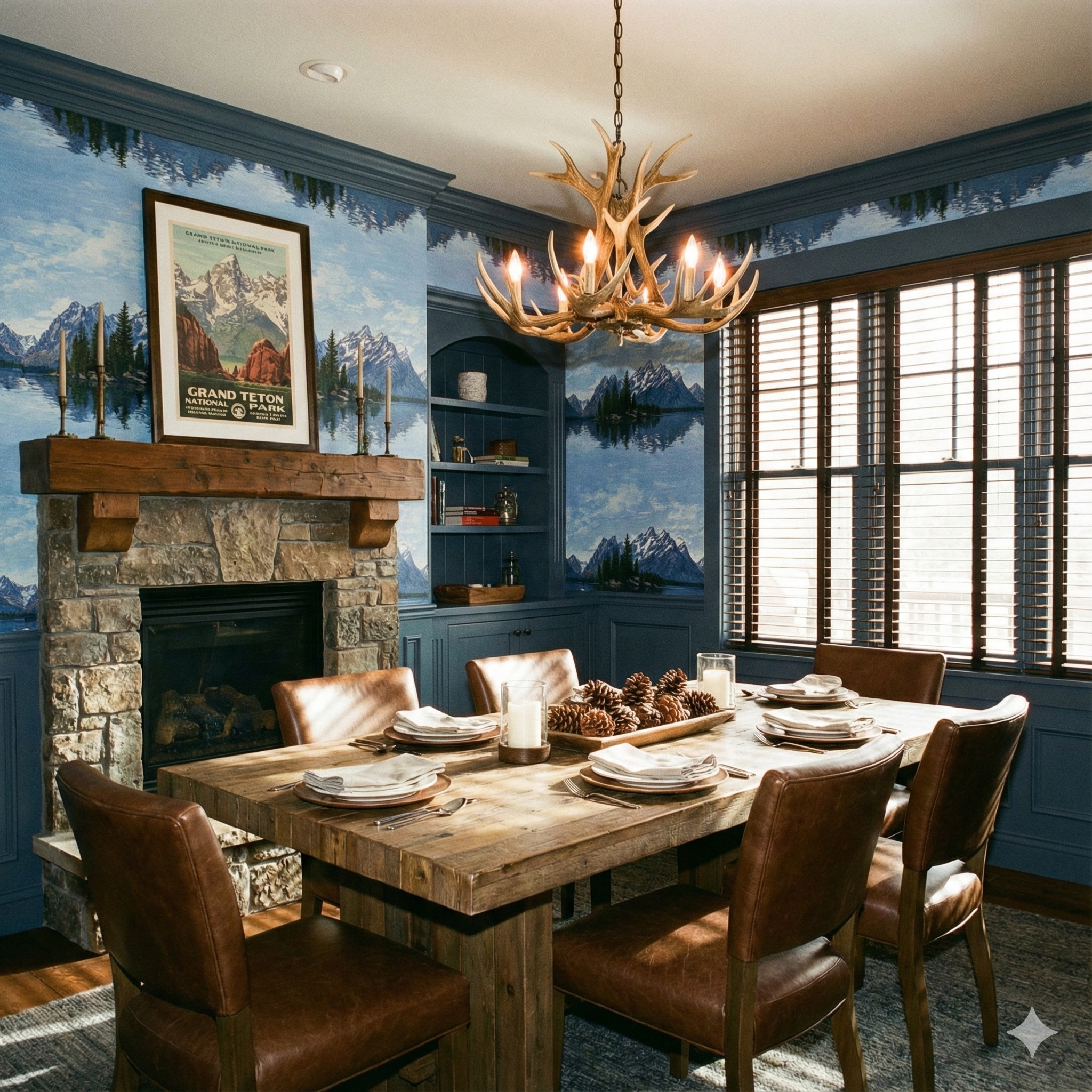 Teton Reflection Wallpaper featuring mountain and lake scene, mirroring above and below a dark blue painted trim.