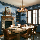 Teton Reflection Wallpaper featuring mountain and lake scene, mirroring above and below a dark blue painted trim.