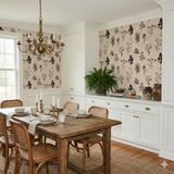 Botanical print wallpaper with tan background by York Wallcoverings featuring black leaf and plant drawings.