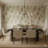 Botanical wallpaper with a leafy pattern on textured paper, in a dining room setting.