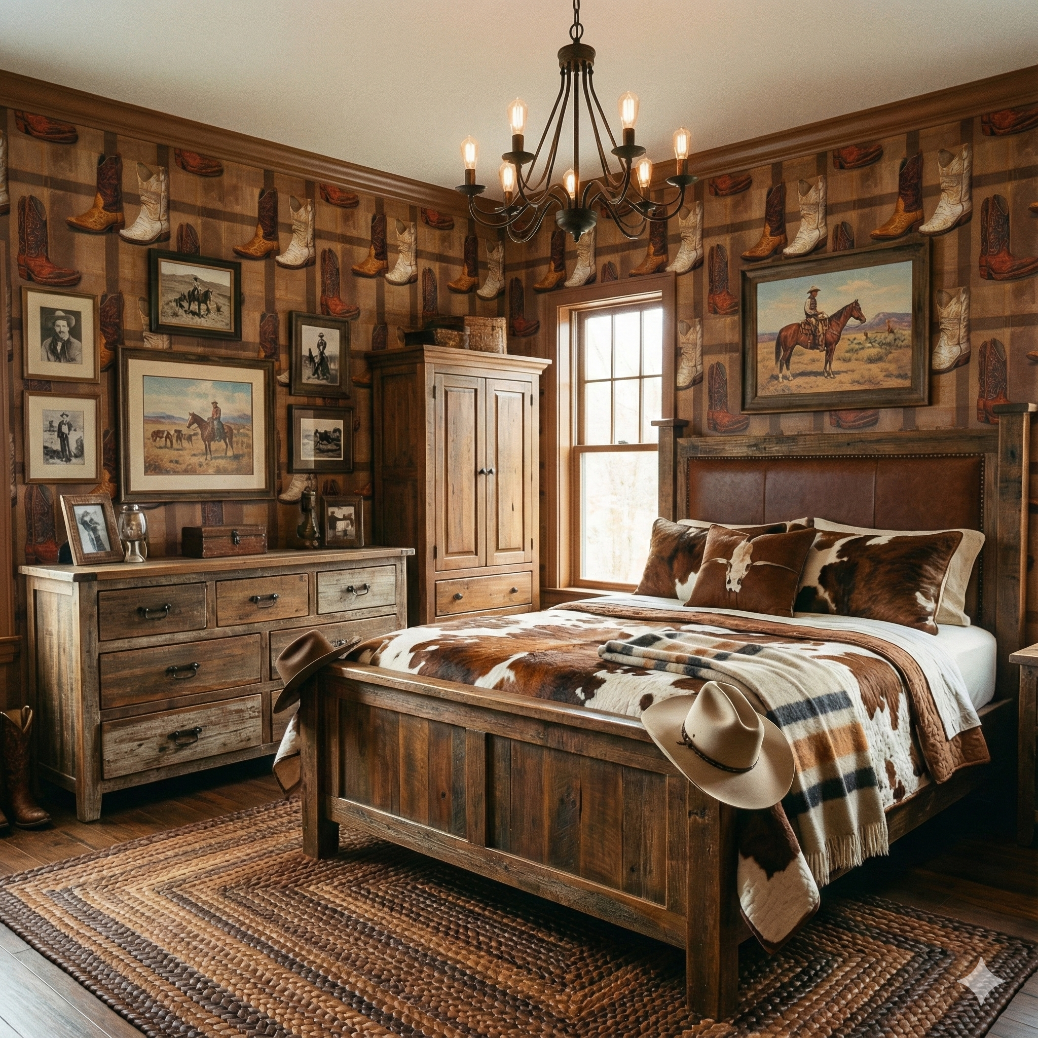 La Grange wallpaper with boot print pattern, filling a bedroom with wooden furniture and western decor.
