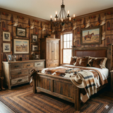 La Grange wallpaper with boot print pattern, filling a bedroom with wooden furniture and western decor.
