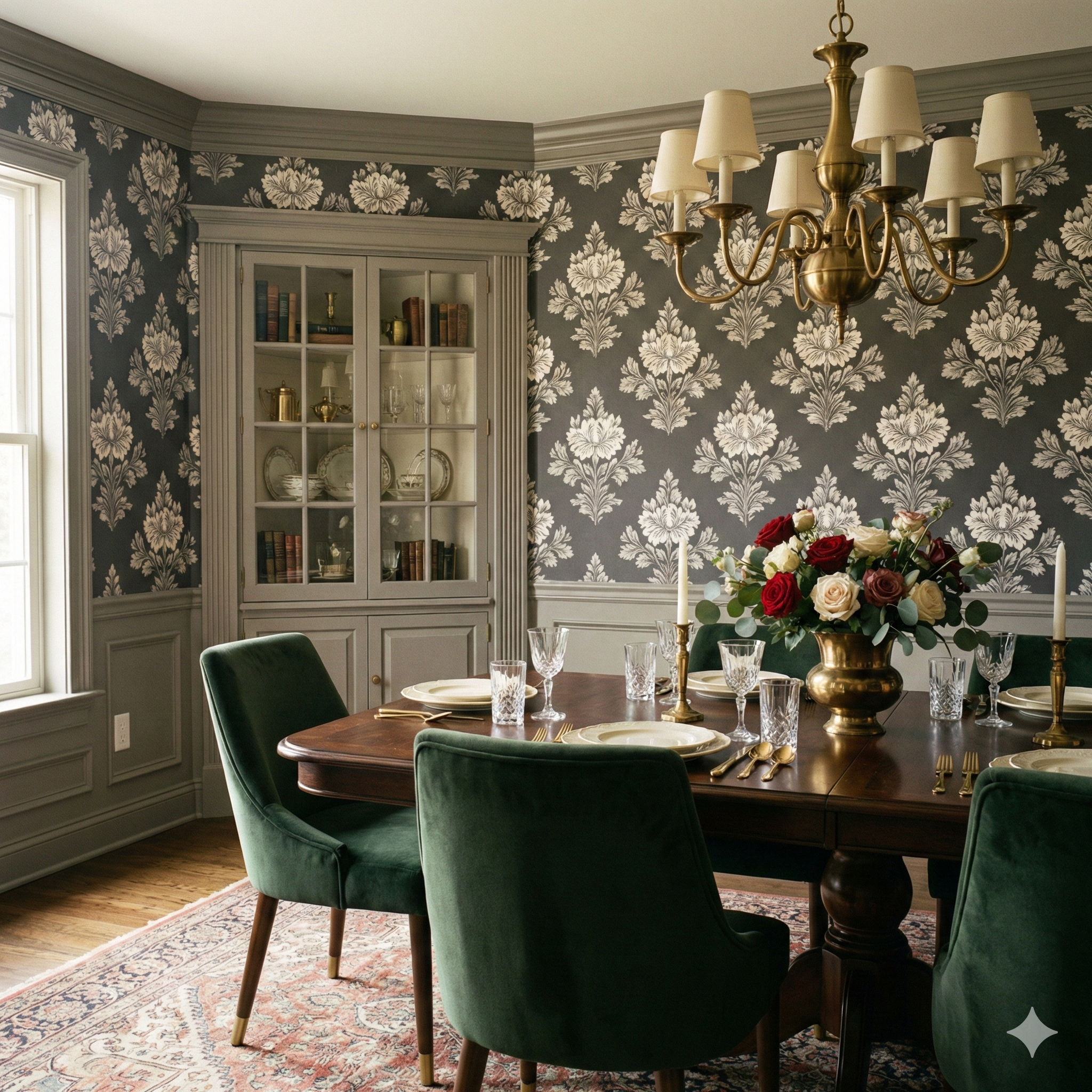 Dark grey wallpaper with large white floral damask pattern, styled in a traditional dining room.
