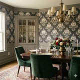 Dark grey wallpaper with large white floral damask pattern, styled in a traditional dining room.
